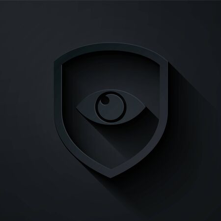 Paper cut Shield and eye icon isolated on black background. Security, safety, protection, privacy concept. Paper art style. Vector Illustrationのイラスト素材