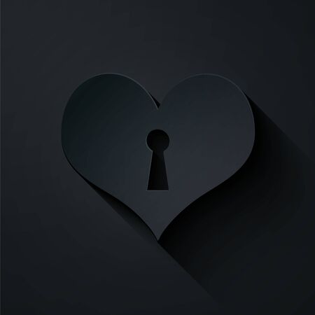 Paper cut Heart with keyhole icon isolated on black background. Locked Heart. Love symbol and keyhole sign. Paper art style. Vector Illustrationのイラスト素材