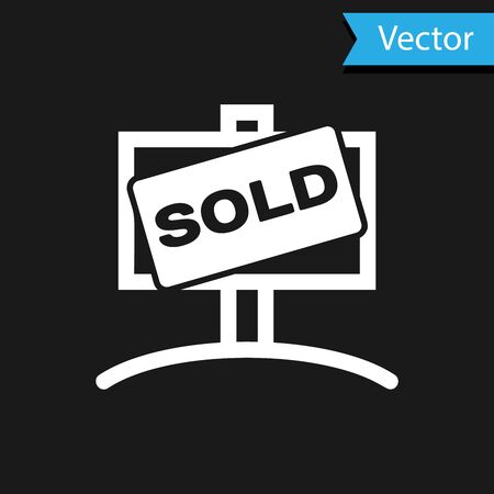 White Hanging sign with text Sold icon isolated on black background. Sold sticker. Sold signboard. Vector Illustrationのイラスト素材