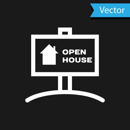 White Hanging sign with text Open house icon isolated on black background. Signboard with text Open house. Vector Illustrationのイラスト素材
