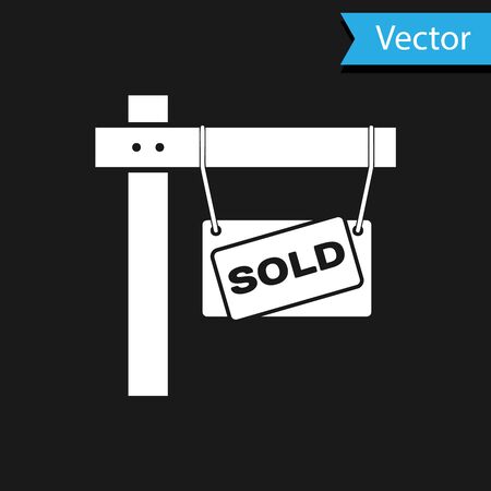 White Hanging sign with text Sold icon isolated on black background. Sold sticker. Sold signboard. Vector Illustrationのイラスト素材