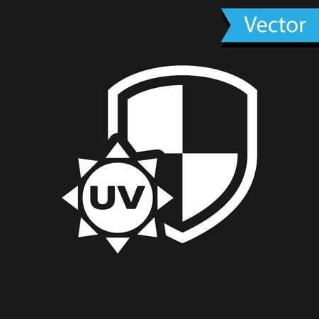 White UV protection icon isolated on black background. Sun and shield. Ultra violet rays radiation. SPF sun sign. Vector Illustrationのイラスト素材