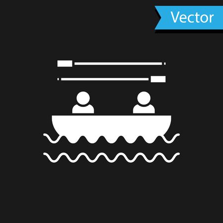 White Boat with oars and people icon isolated on black background. Water sports, extreme sports, holiday, vacation, team building. Vector Illustrationのイラスト素材