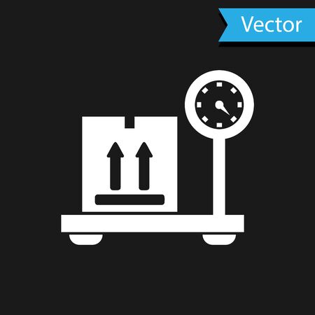 White Scale with cardboard box icon isolated on black background. Logistic and delivery. Weight of delivery package on a scale. Vector Illustrationのイラスト素材