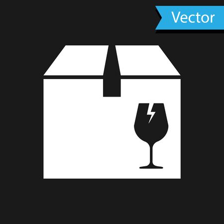 White Delivery package box with fragile content symbol of broken glass icon isolated on black background. Box, package, parcel sign. Vector Illustrationのイラスト素材