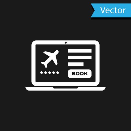 White Laptop with electronic boarding pass airline ticket icon isolated on black background. Passenger plane mobile ticket for web and app. Vector Illustrationのイラスト素材