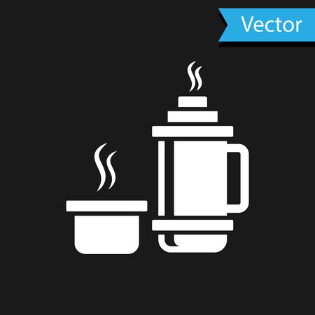White Thermo container icon isolated on black background. Thermo flask icon. Camping and hiking equipment. Vector Illustrationのイラスト素材