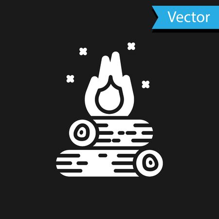 White Campfire icon isolated on black background. Burning bonfire with wood. Vector Illustrationのイラスト素材
