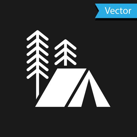White Tourist tent icon isolated on black background. Camping symbol. Vector Illustrationのイラスト素材