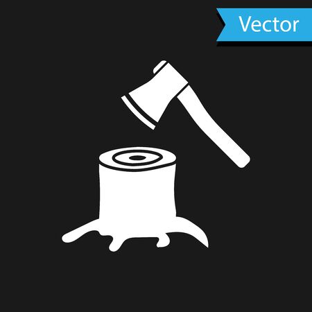 White Wooden axe in stump icon isolated on black background. Lumberjack axe. Axe stuck in wood. Vector Illustrationのイラスト素材