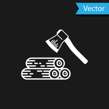 White Wooden axe and wood icon isolated on black background. Lumberjack axe. Vector Illustrationのイラスト素材