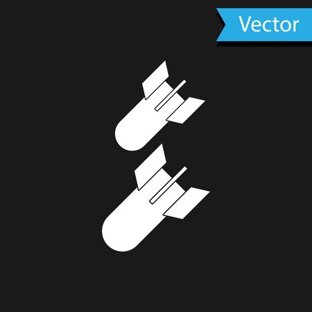 White Aviation bomb icon isolated on black background. Rocket bomb flies down. Vector Illustrationのイラスト素材