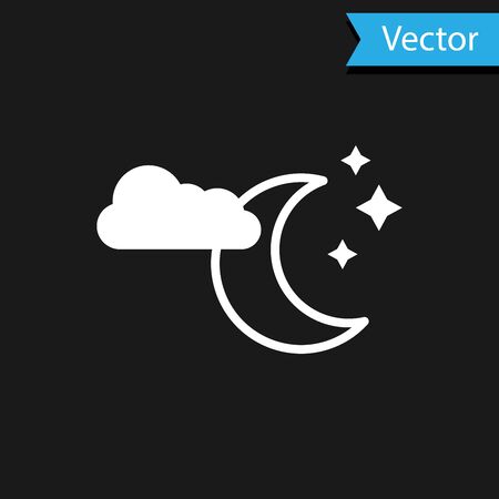 White Cloud with moon and stars icon isolated on black background. Cloudy night sign. Sleep dreams symbol. Night or bed time sign. Vector Illustrationのイラスト素材