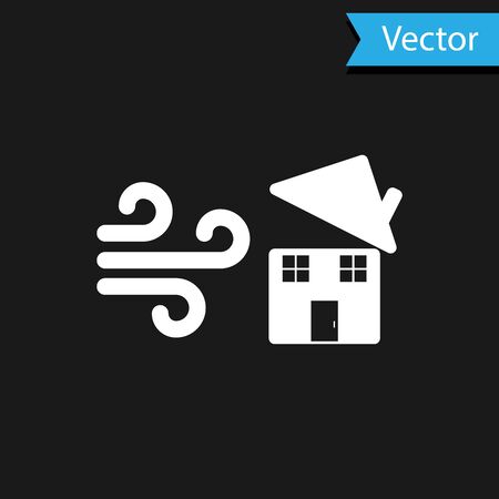 White Tornado swirl damages house roof icon isolated on black background. Cyclone, whirlwind, storm funnel, hurricane wind icon. Vector Illustrationのイラスト素材