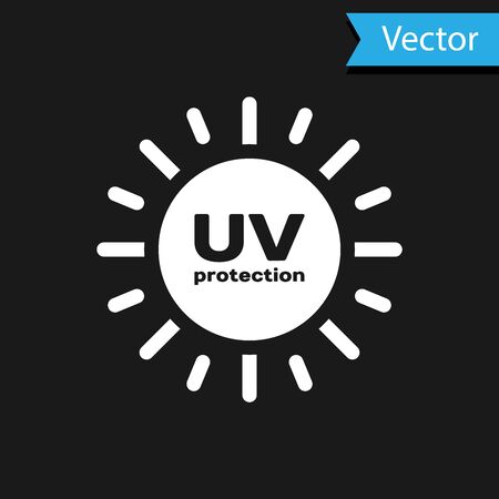 White UV protection icon isolated on black background. Ultra violet rays radiation. SPF sun sign. Vector Illustrationのイラスト素材