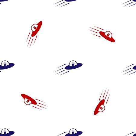 Blue and red UFO flying spaceship and alien icon isolated seamless pattern on white background. Flying saucer. Alien space ship. Futuristic unknown flying object. Vector Illustrationのイラスト素材