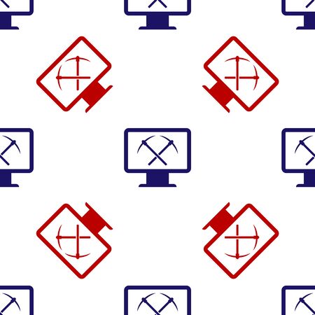 Blue and red Mining concept with laptop and pickaxe icon isolated seamless pattern on white background. Blockchain technology, cryptocurrency mining, digital money market. Vector Illustrationのイラスト素材