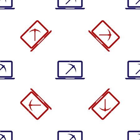 Blue and red Mining concept with laptop and pickaxe icon isolated seamless pattern on white background. Blockchain technology, cryptocurrency mining, digital money market. Vector Illustrationのイラスト素材