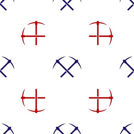 Blue and red Crossed pickaxe icon isolated seamless pattern on white background. Blockchain technology, cryptocurrency mining, bitcoin, altcoins, digital money market. Vector Illustrationのイラスト素材