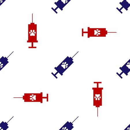 Blue and red Syringe with pet vaccine icon isolated seamless pattern on white background. Dog or cat paw print. Vector Illustrationのイラスト素材
