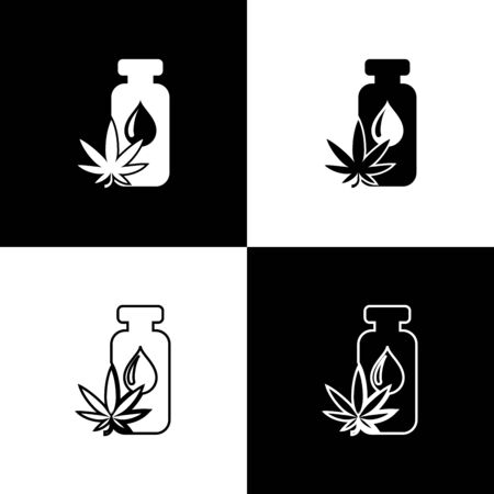 Set Medical marijuana or cannabis leaf olive oil drop icon isolated on black and white background. Cannabis extract. Hemp symbol. Vector Illustrationのイラスト素材