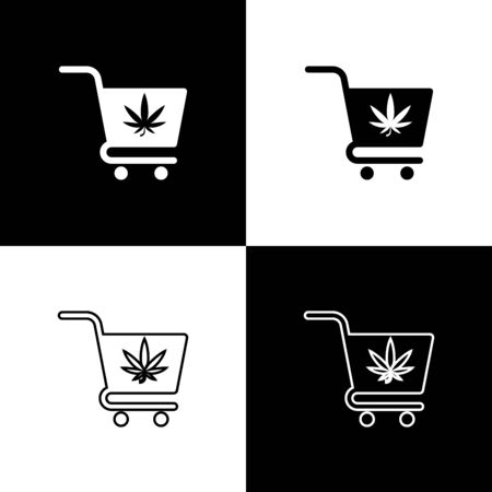 Set Shopping cart with marijuana or cannabis leaf icon isolated on black and white background. Online buying. Delivery service. Supermarket basket. Vector Illustrationのイラスト素材