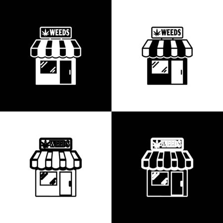 Set Marijuana and cannabis store icon isolated on black and white background. Equipment and accessories for smoking, storing medical cannabis. Vector Illustrationのイラスト素材