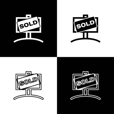 Set Hanging sign with text Sold icon isolated on black and white background. Sold sticker. Sold signboard. Vector Illustrationのイラスト素材