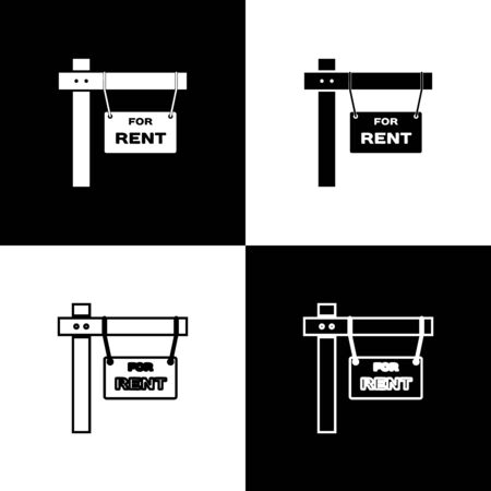 Set Hanging sign with text For Rent icon isolated on black and white background. Signboard with text For Rent. Vector Illustrationのイラスト素材