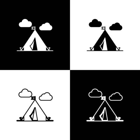 Set Tourist tent with flag icon isolated on black and white background. Camping symbol. Vector Illustrationのイラスト素材