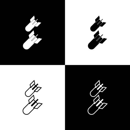 Set Aviation bomb icon isolated on black and white background. Rocket bomb flies down. Vector Illustrationのイラスト素材