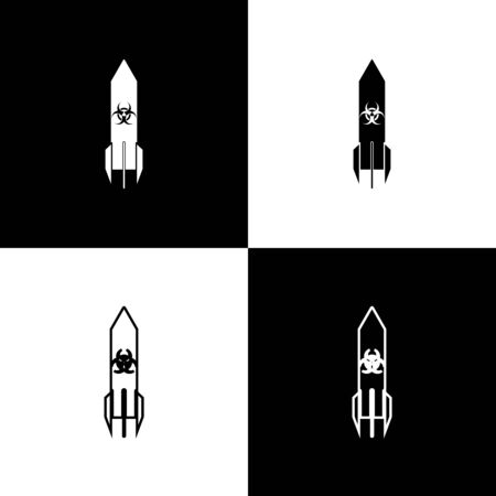 Set Biohazard rocket icon isolated on black and white background. Rocket bomb flies down. Vector Illustrationのイラスト素材
