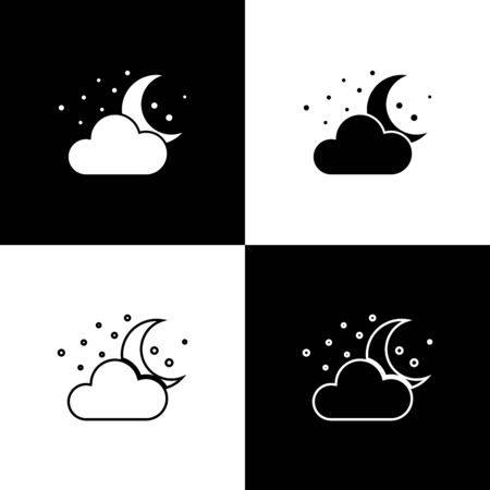 Set Cloud with moon and stars icon isolated on black and white background. Cloudy night sign. Sleep dreams symbol. Night or bed time sign. Vector Illustrationのイラスト素材