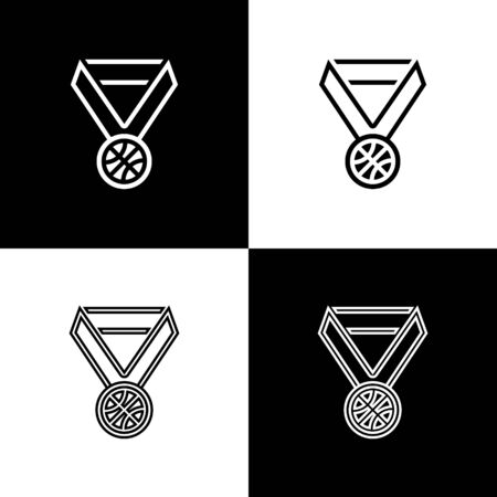 Set Basketball medal with ribbon icon isolated on black and white background. Vector Illustrationのイラスト素材