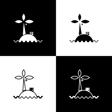 Set Tropical island in ocean icon isolated on black and white background. Landscape with ocean and palm trees. Travel. Vector Illustrationのイラスト素材