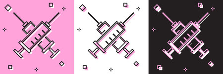 Set Crossed syringe icon isolated on pink and white, black background. Syringe for vaccine,...