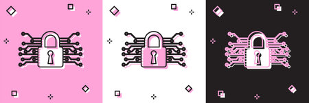 Set Cyber security icon isolated on pink and white, black background. Closed padlock on digital...