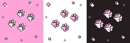 Set Paw print icon isolated on pink and white, black background. Dog or cat paw print. Animal track. Vector Illustrationのイラスト素材