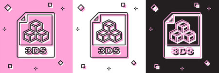 Set 3DS file document. Download 3ds button icon isolated on pink and white, black background. 3DS...