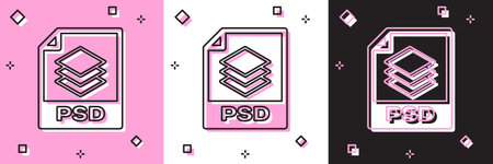Set PSD file document. Download psd button icon isolated on pink and white, black background. PSD file symbol. Vector Illustrationのイラスト素材