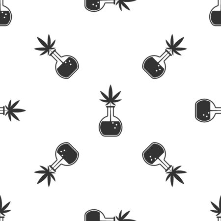 Grey Chemical test tube with marijuana or cannabis leaf icon isolated seamless pattern on white background. Research concept. Laboratory CBD oil concept. Vector Illustrationのイラスト素材