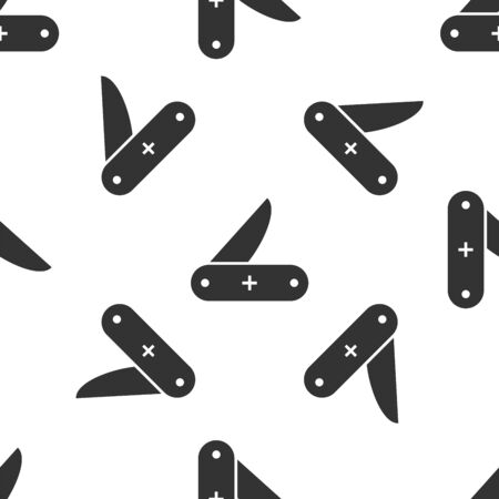 Grey Swiss army knife icon isolated seamless pattern on white background. Multi-tool, multipurpose penknife. Multifunctional tool. Vector Illustrationのイラスト素材