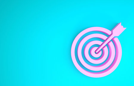 Pink Target with arrow icon isolated on blue background. Dart board sign. Archery board icon....