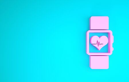 Pink Smart watch showing heart beat rate icon isolated on blue background. Fitness App concept. Minimalism concept. 3d illustration 3D renderの写真素材