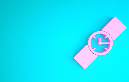 Pink Wrist watch icon isolated on blue background. Wristwatch icon. Minimalism concept. 3d...