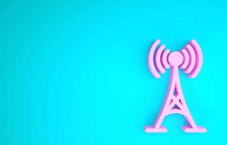 Pink Antenna icon isolated on blue background. Radio antenna wireless. Technology and network signal radio antenna. Minimalism concept. 3d illustration 3D renderの写真素材