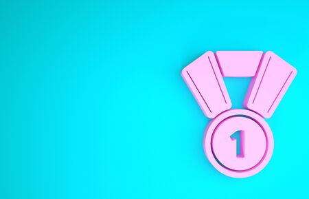 Pink Medal icon isolated on blue background. Winner symbol. Minimalism concept. 3d illustration 3D renderの写真素材