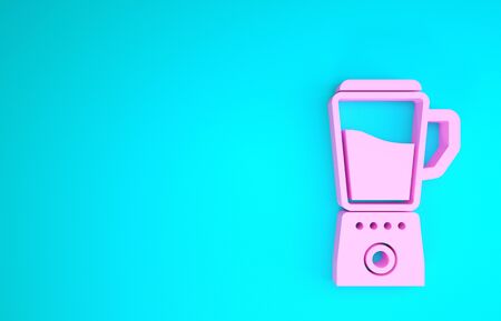 Pink Blender icon isolated on blue background. Kitchen electric stationary blender with bowl. Cooking smoothies, cocktail or juice. Minimalism concept. 3d illustration 3D renderの写真素材