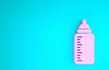 Pink Baby bottle icon isolated on blue background. Feeding bottle icon. Milk bottle sign. Minimalism concept. 3d illustration 3D renderの写真素材
