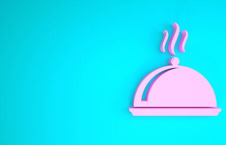 Pink Covered with a tray of food icon isolated on blue background. Tray and lid sign. Restaurant cloche with lid. Kitchenware symbol. Minimalism concept. 3d illustration 3D renderの写真素材